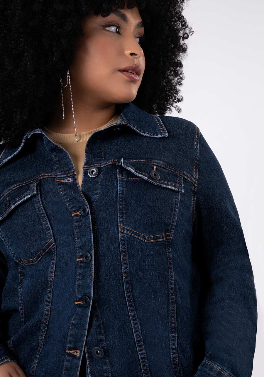 Jaqueta Plus Size Cropped Jeans com Elastano, JEANS. Jaqueta Plus Size Cropped Jeans com Elastano, JEANS, large.