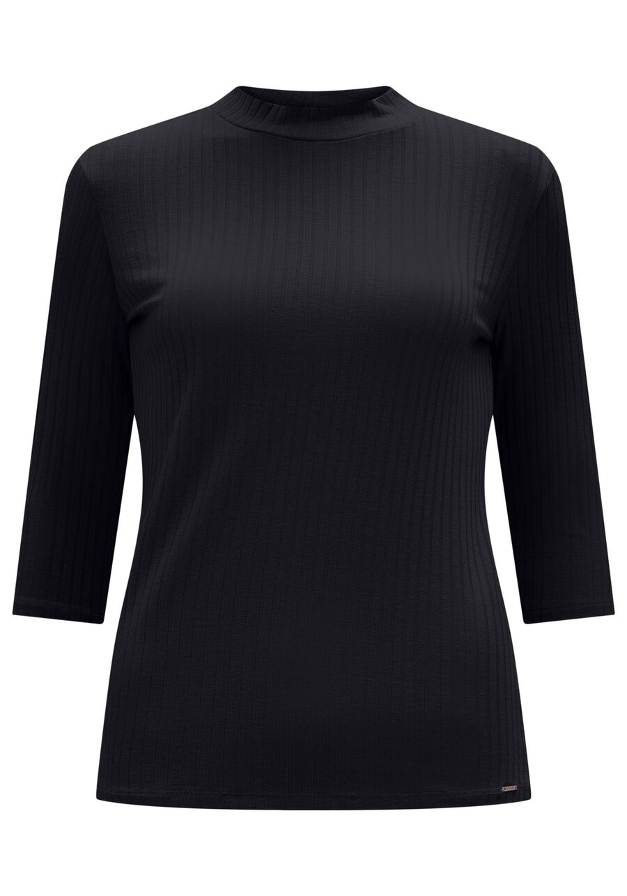 Blusa manga 3/4 Canelada Básica com Gola Alta, PRETO REATIVO. Blusa manga 3/4 Canelada Básica com Gola Alta, PRETO REATIVO, large.