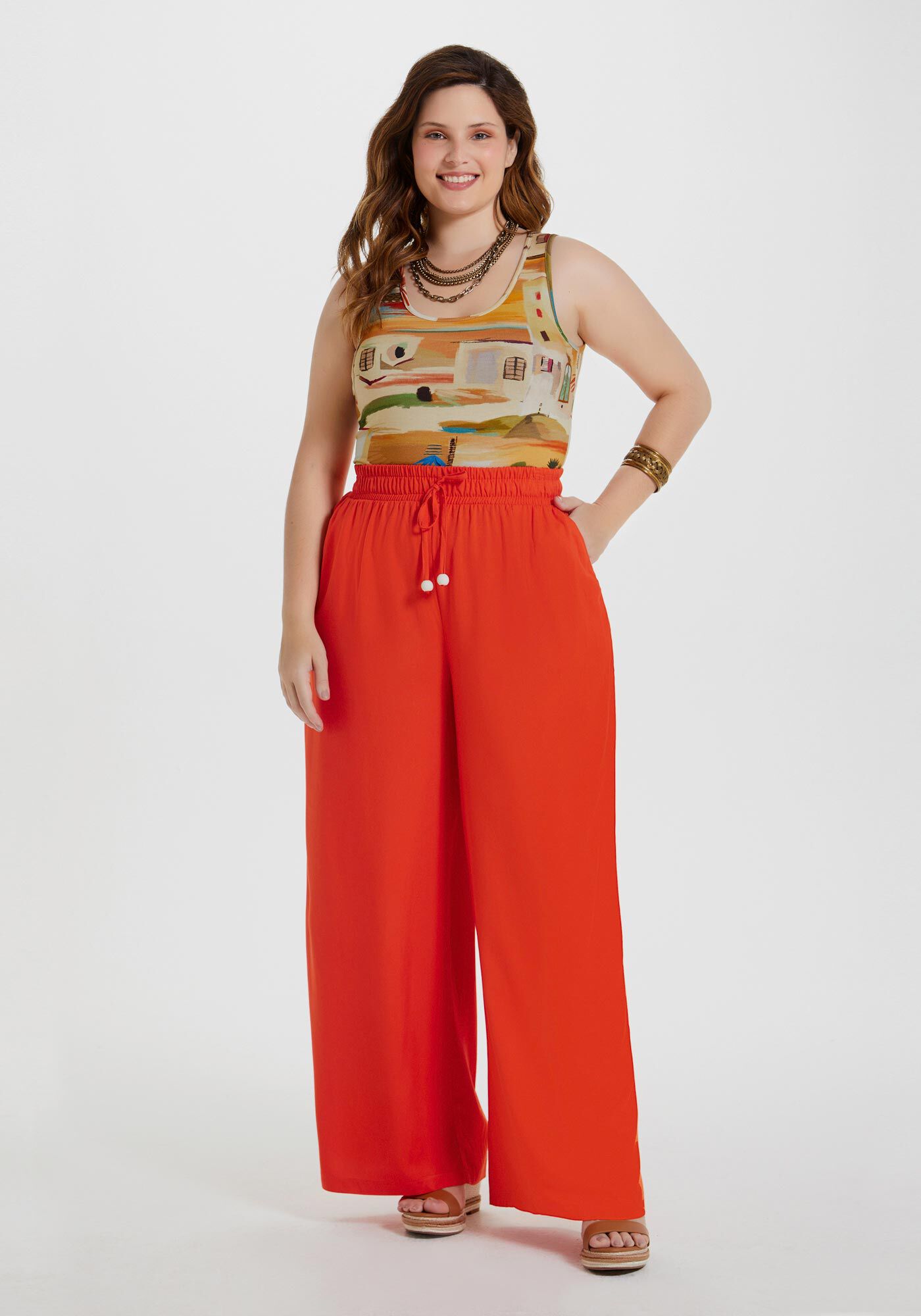 Calça pantalona cintura alta com cropped top