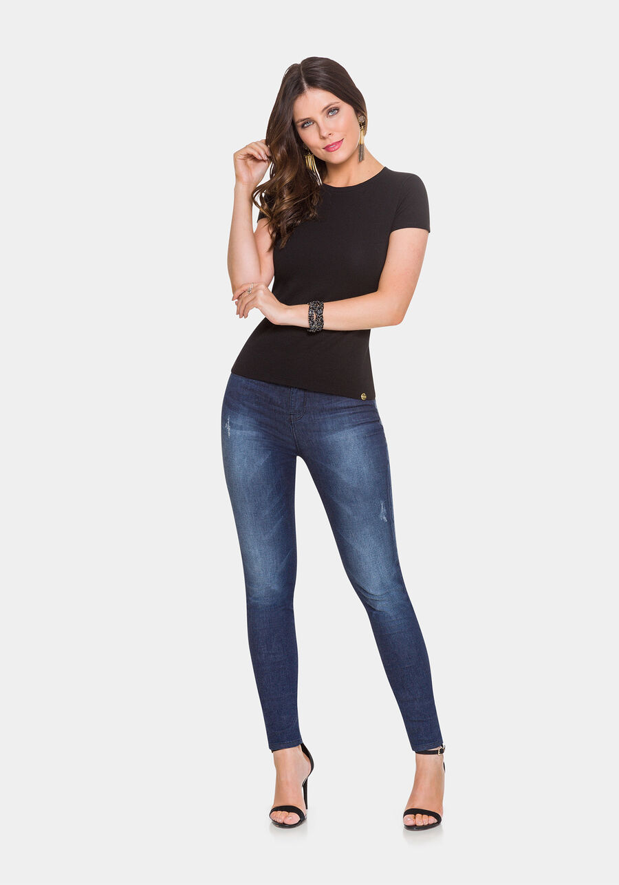 Blusa Básica de Mangas Curtas Em Malha De Algodão E Elastano, PRETO REATIVO. Blusa Básica de Mangas Curtas Em Malha De Algodão E Elastano, PRETO REATIVO, large.