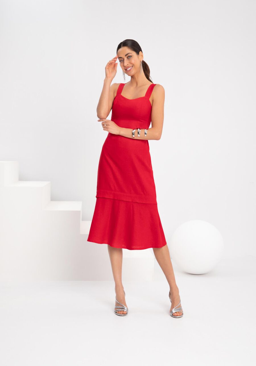 Vestido Midi Chá Com Elástico Nas Costas Em Tecido Linho, . Vestido Midi Chá Com Elástico Nas Costas Em Tecido Linho, , large.