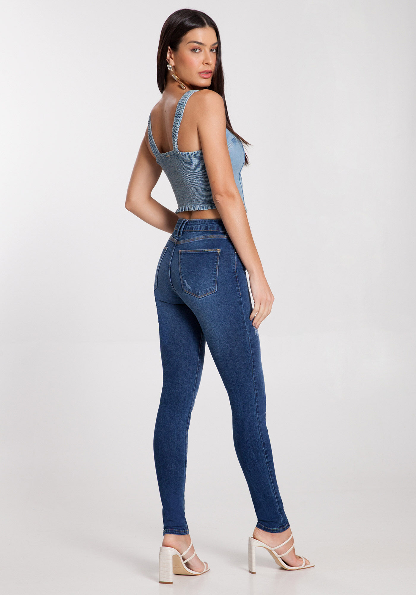 Cal&ccedil;a Jeans Skinny Escura com Cintura M&eacute;dia, , large.