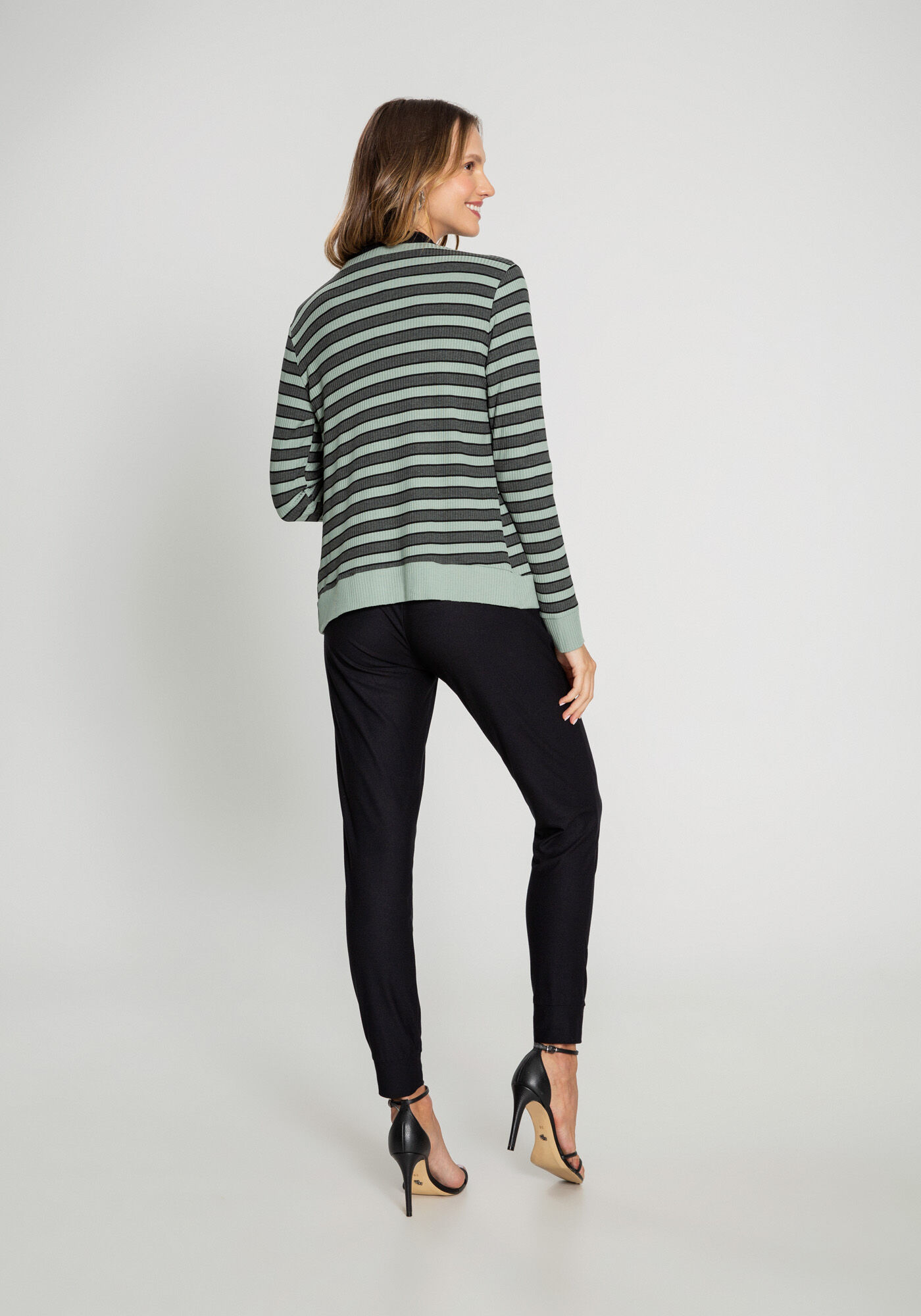 Cardigan Canelado Listrado com Decote V, , large.