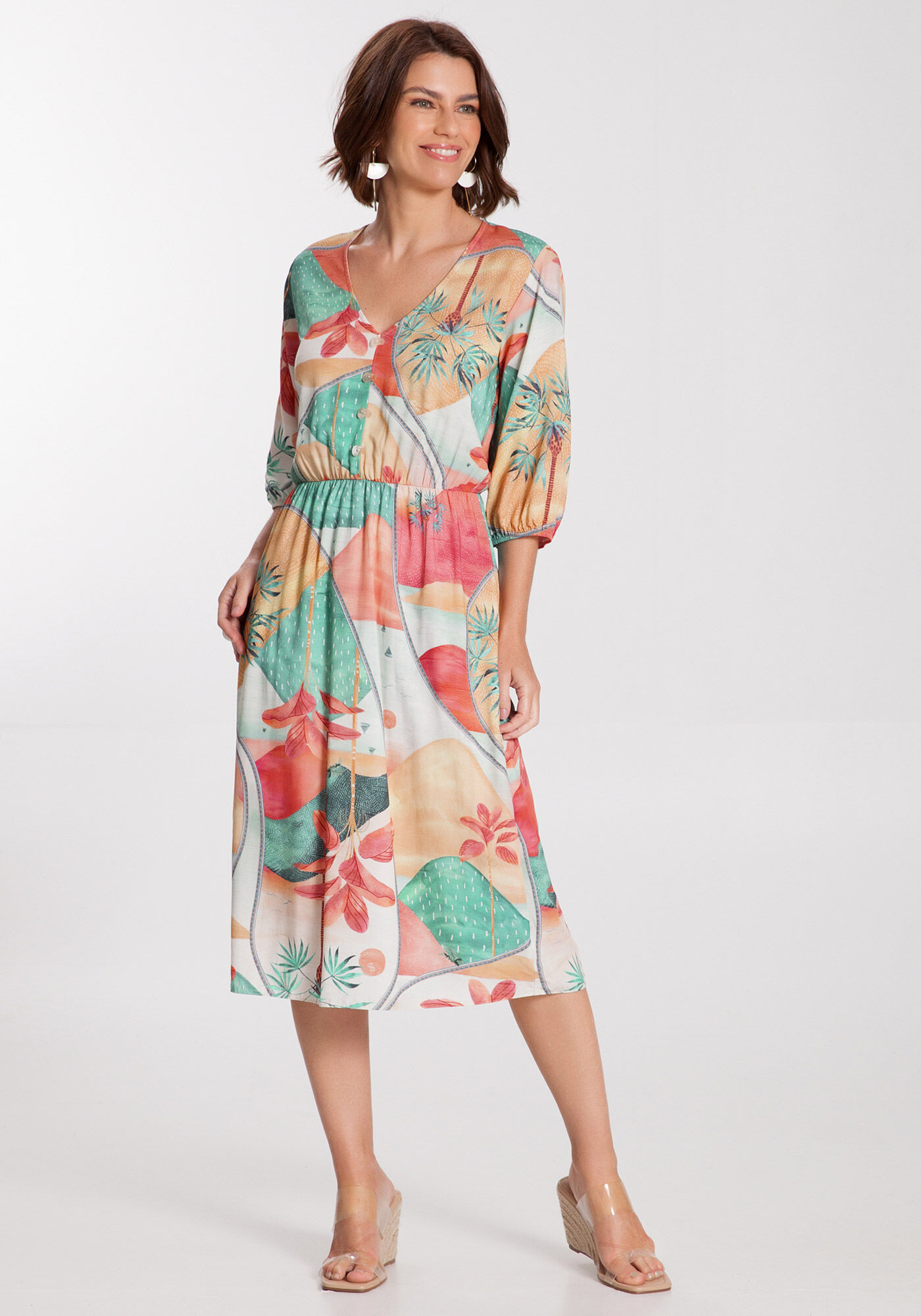 Vestido Midi Estampado em Viscose com Bot es Lunender