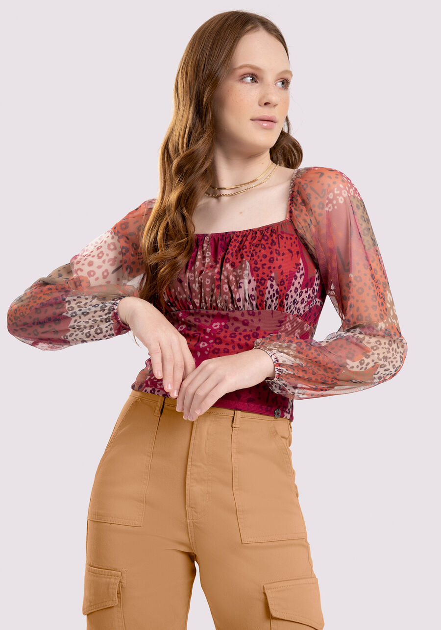 Blusa Cropped Juvenil Estampada com Mangas Tule, JUNGLE VERMELHO. Blusa Cropped Juvenil Estampada com Mangas Tule, JUNGLE VERMELHO, large.