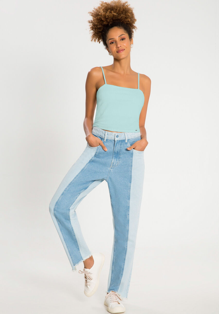 Blusa Regata Curta De Alças Finas Em Malha Canelada, AZUL ACQUA MARE. Blusa Regata Curta De Alças Finas Em Malha Canelada, AZUL ACQUA MARE, large.