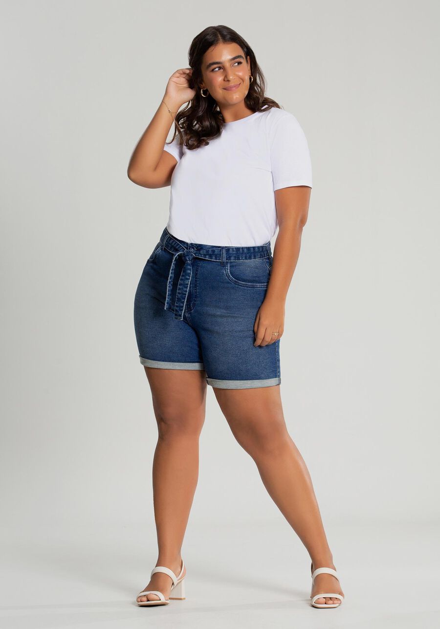 Bermuda Jeans Boyfriend com Cinto Plus Size, JEANS. Bermuda Jeans Boyfriend com Cinto Plus Size, JEANS, large.