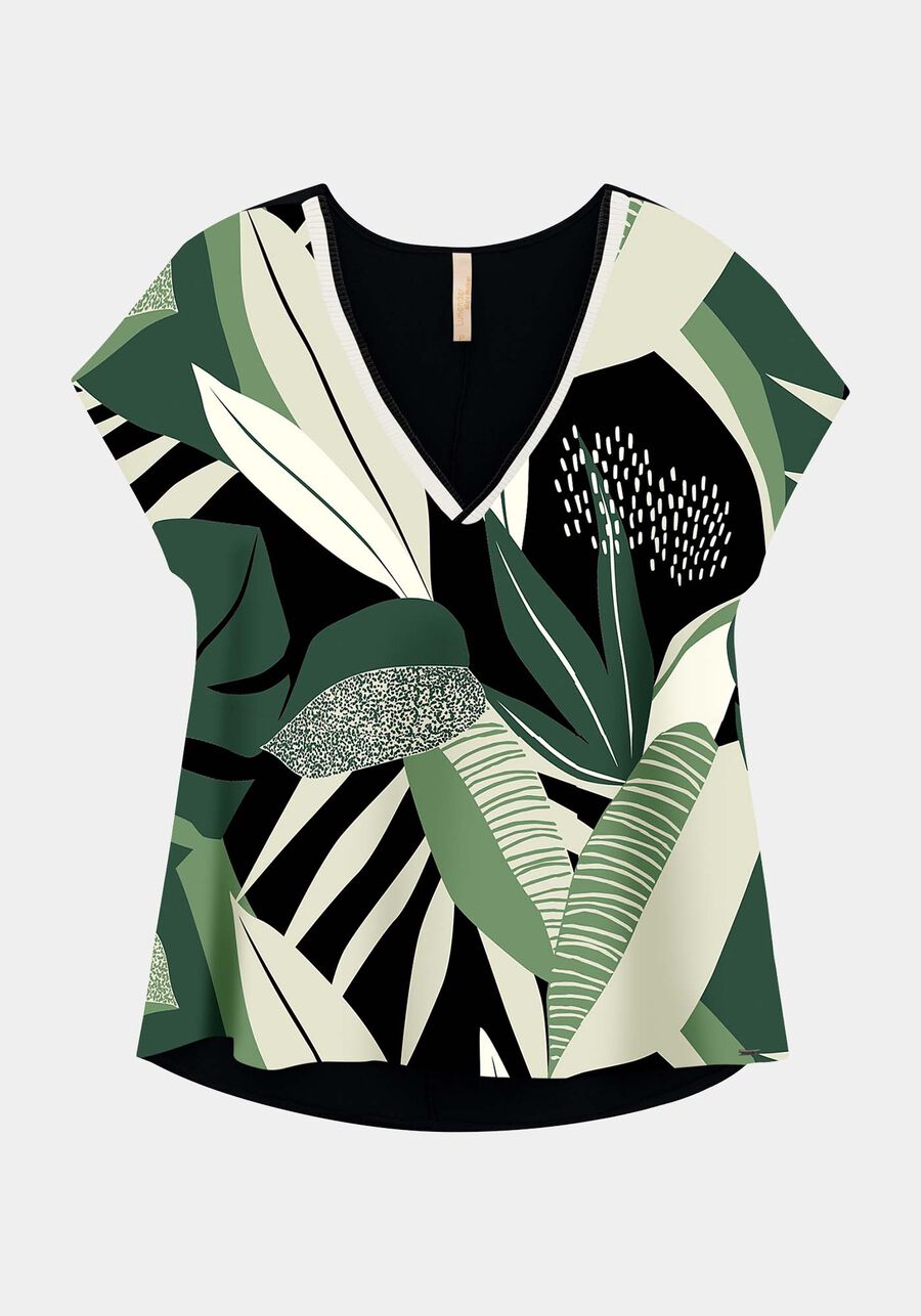 Blusa Decote V e Retilínea Plus Size, PRETO REATIVO. Blusa Decote V e Retilínea Plus Size, PRETO REATIVO, large.