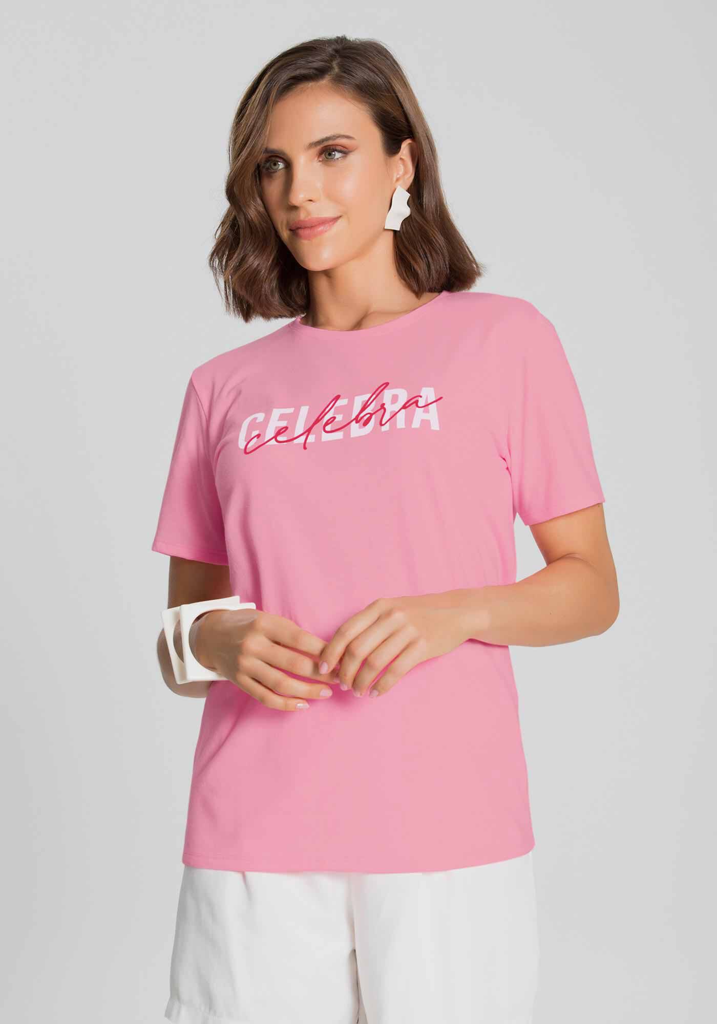 T-Shirt em Malha Estampa Celebra, ROSA FRESH NEON, large.