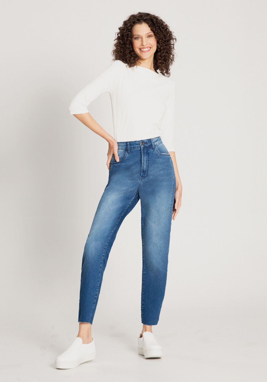 Calça Jeans Mommy com Cintura Alta e Elasticidade, JEANS. Calça Jeans Mommy com Cintura Alta e Elasticidade, JEANS, large.