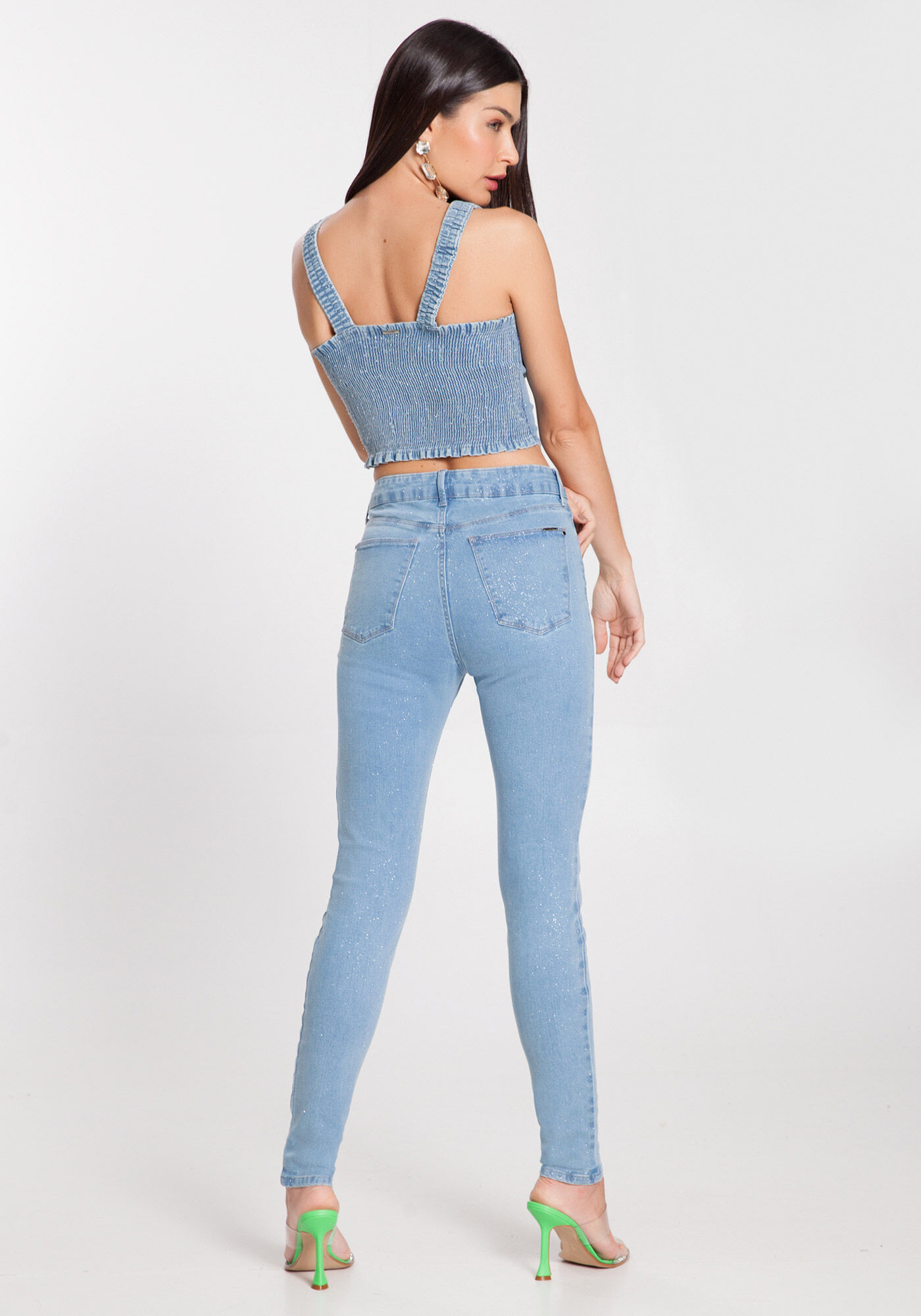 Cal&ccedil;a Jeans Skinny Chapa Barriga com Glitter, , large.