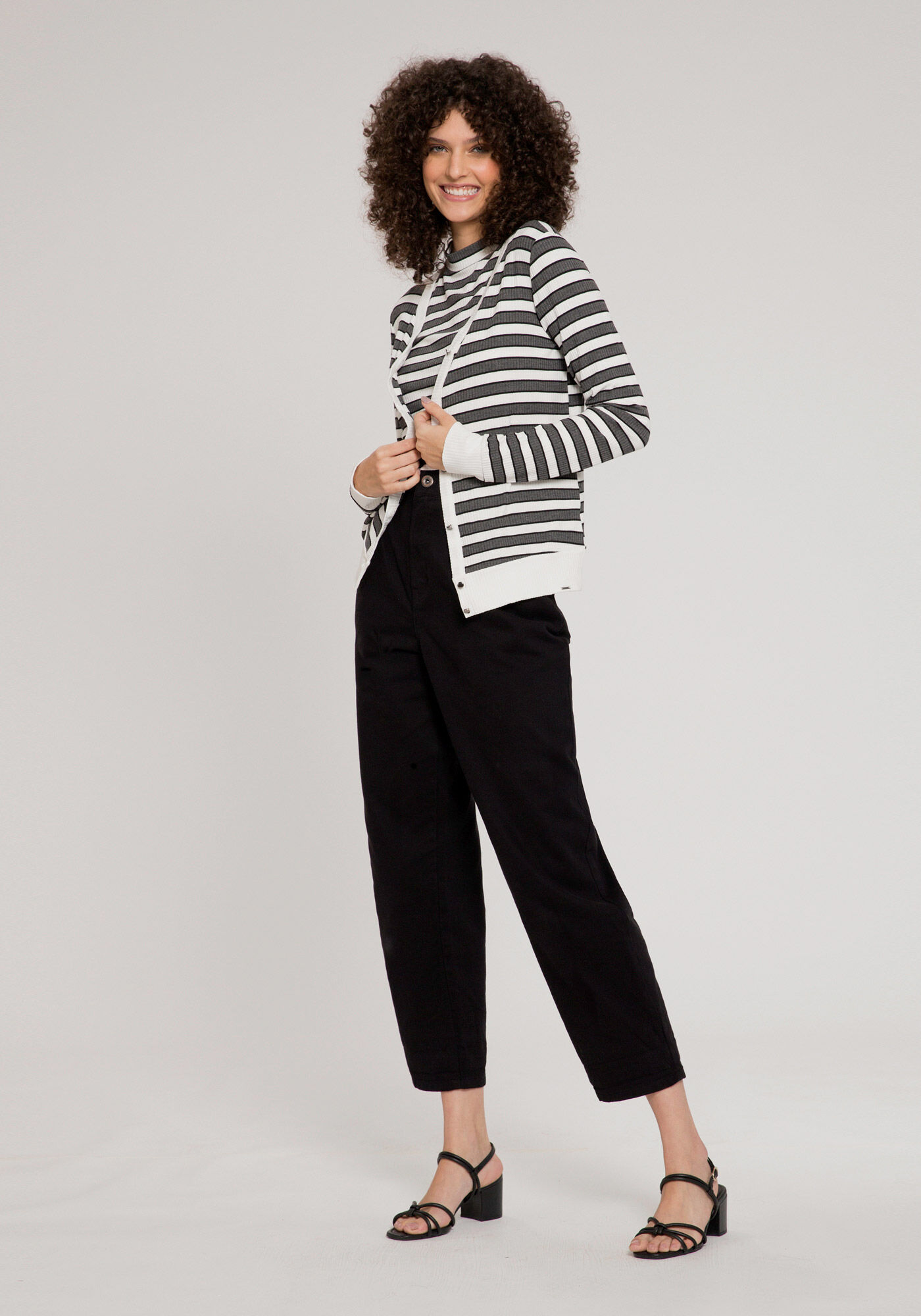 Cardigan Canelado Listrado com Decote V, , large.