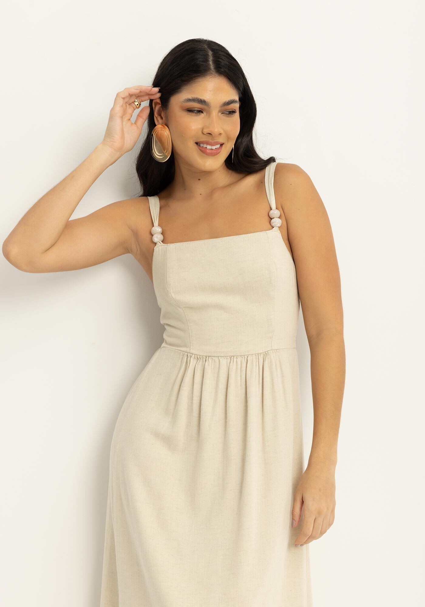 Vestido Longo De Al&ccedil;as Em Linho Com El&aacute;stico Posterior, , large.