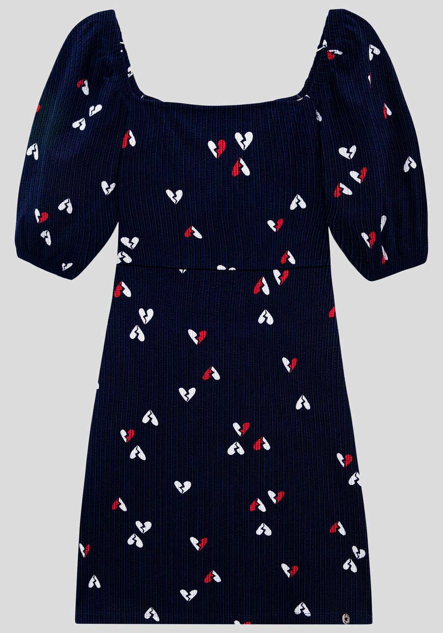 Vestido Curto Juvenil Canelado com Manga Bufante, FLASH LOVE MARINHO. Vestido Curto Juvenil Canelado com Manga Bufante, FLASH LOVE MARINHO, large.