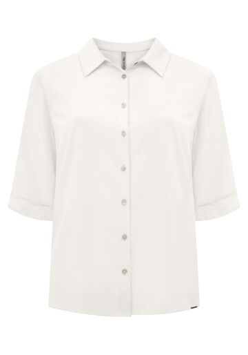 Camisa Plus Size Alongada Com Mangas 3/4 E Botões, BRANCO OFF WHITE. Camisa Plus Size Alongada Com Mangas 3/4 E Botões, BRANCO OFF WHITE, large.
