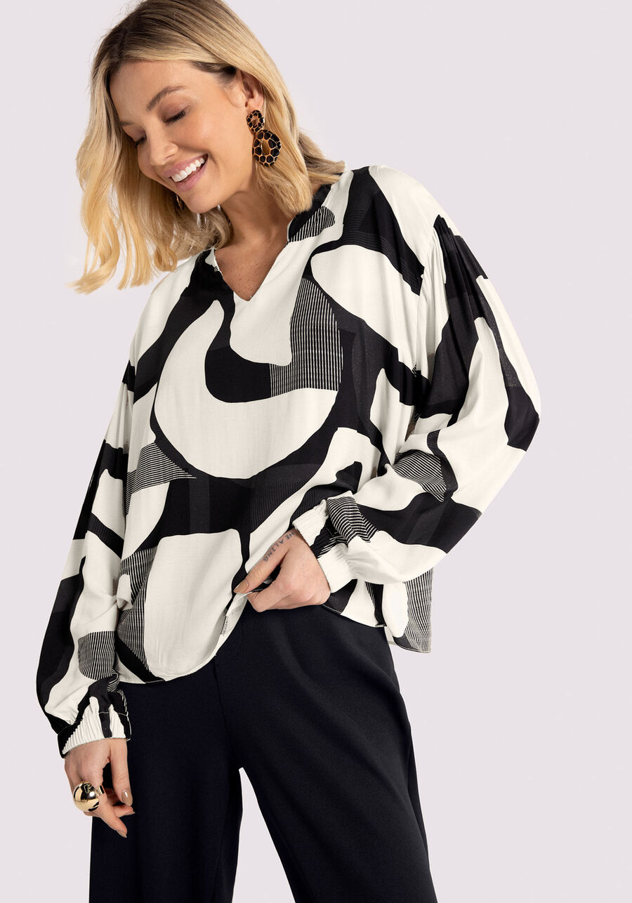 Blusa Manga Longa Bufante em Viscose Estampada, MOLDURA PRETO. Blusa Manga Longa Bufante em Viscose Estampada, MOLDURA PRETO, large.