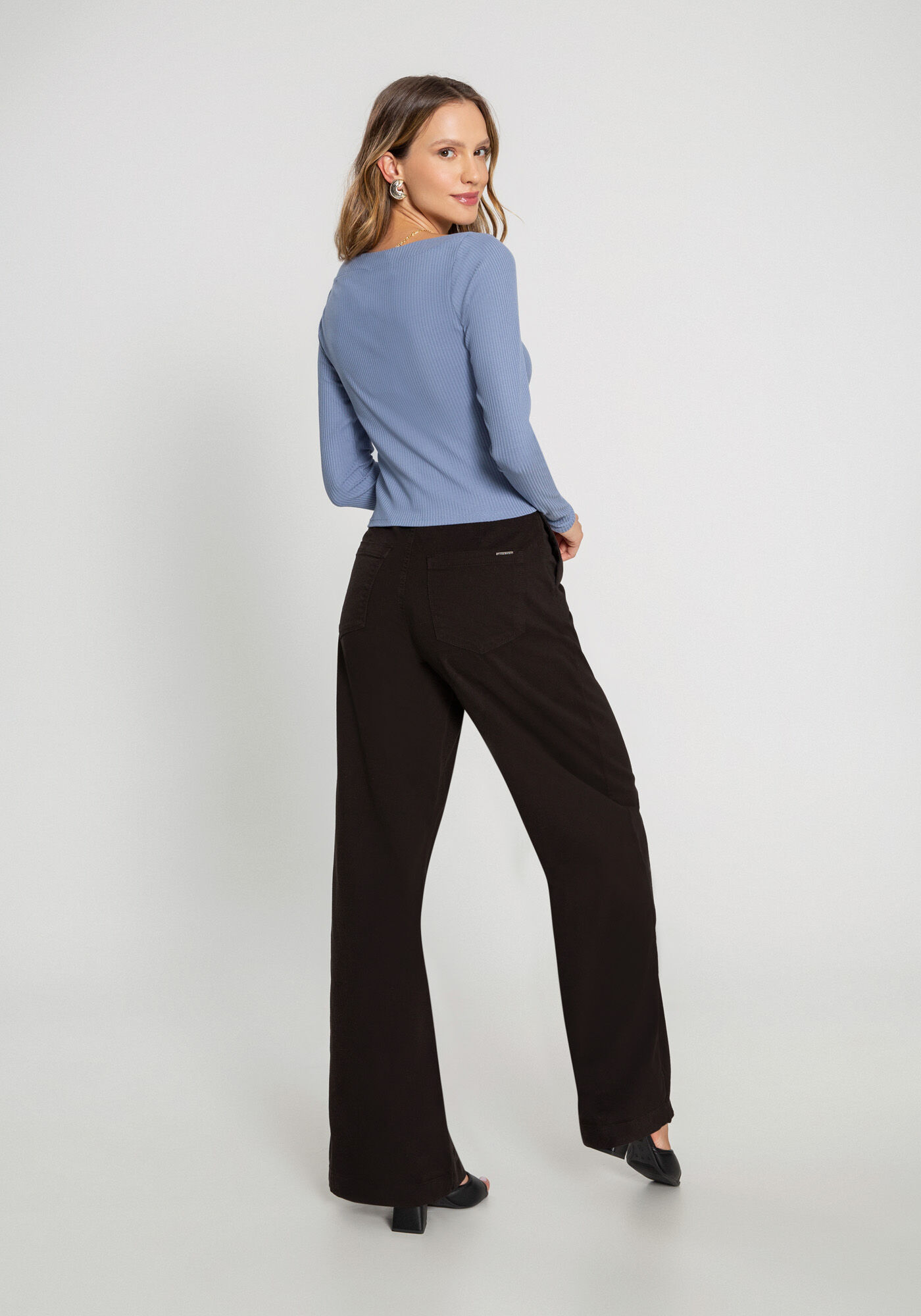 Blusa Manga Longa Canelada com Decote Quadrado, AZUL DRAGONFLY, large.