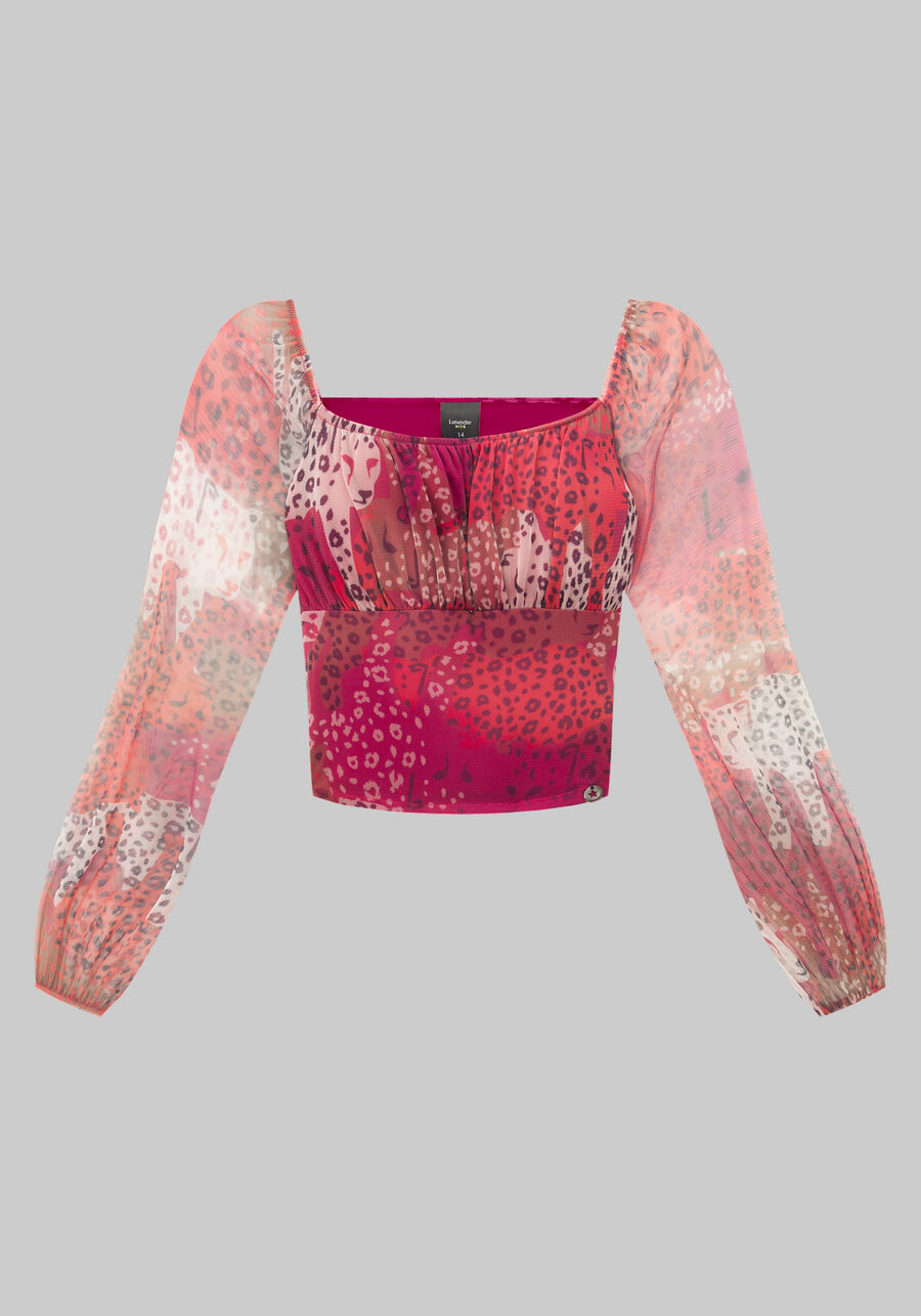 Blusa Cropped Juvenil Estampada com Mangas Tule, JUNGLE VERMELHO. Blusa Cropped Juvenil Estampada com Mangas Tule, JUNGLE VERMELHO, large.