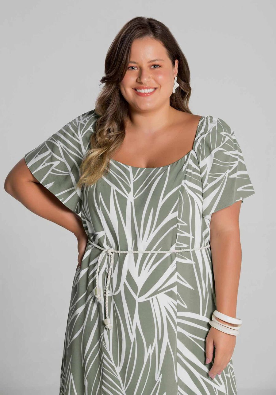 Vestido Plus Size Curto Estampado com Cinto, VERDE MINERAL. Vestido Plus Size Curto Estampado com Cinto, VERDE MINERAL, large.