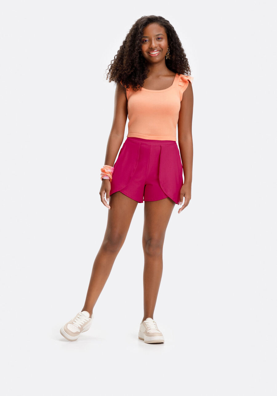 Blusa Cropped Juvenil Com Babados Em Malha De Tricô, LARANJA BRIGHT. Blusa Cropped Juvenil Com Babados Em Malha De Tricô, LARANJA BRIGHT, large.