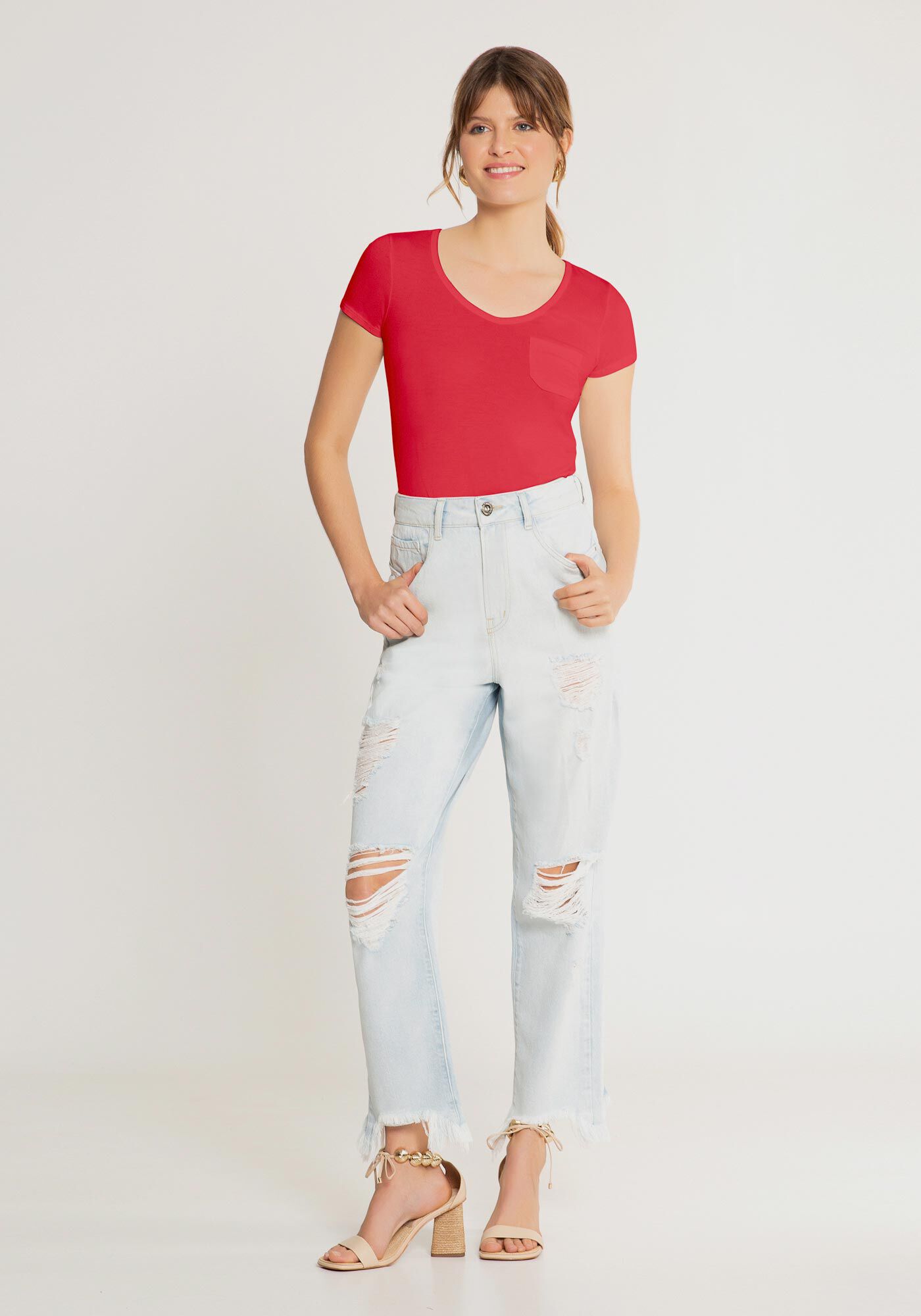 Blusa B&aacute;sica em Malha Viscose com Bolso, , large.