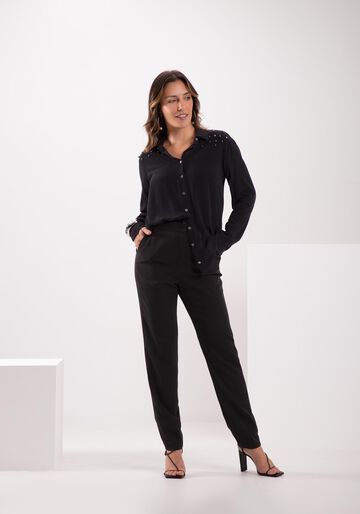 Camisa De Mangas Longas Com Botões E Aplicações Nos Ombros, PRETO. Camisa De Mangas Longas Com Botões E Aplicações Nos Ombros, PRETO, large.