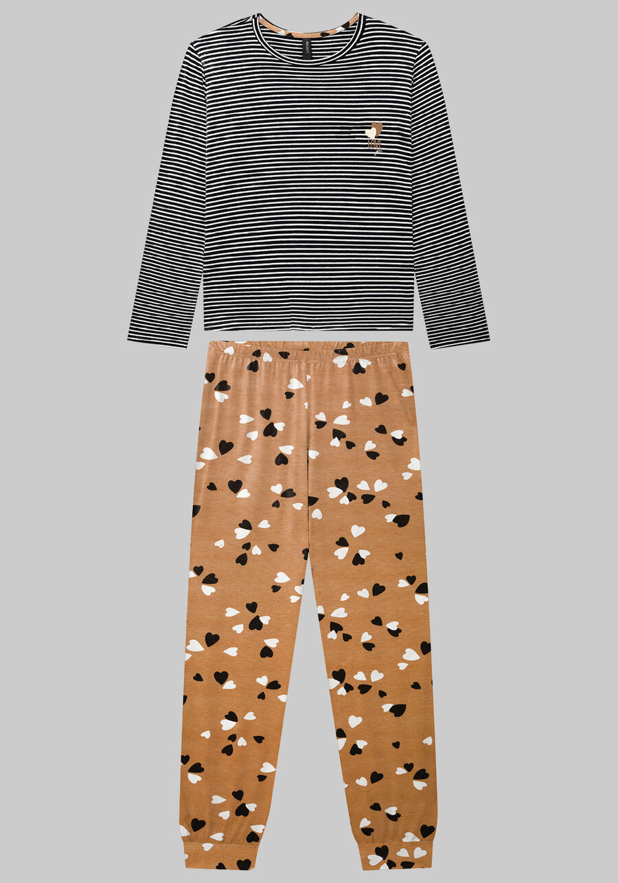 Pijama Longo Estampado com Calça Jogger, AMAR BEGE, large.