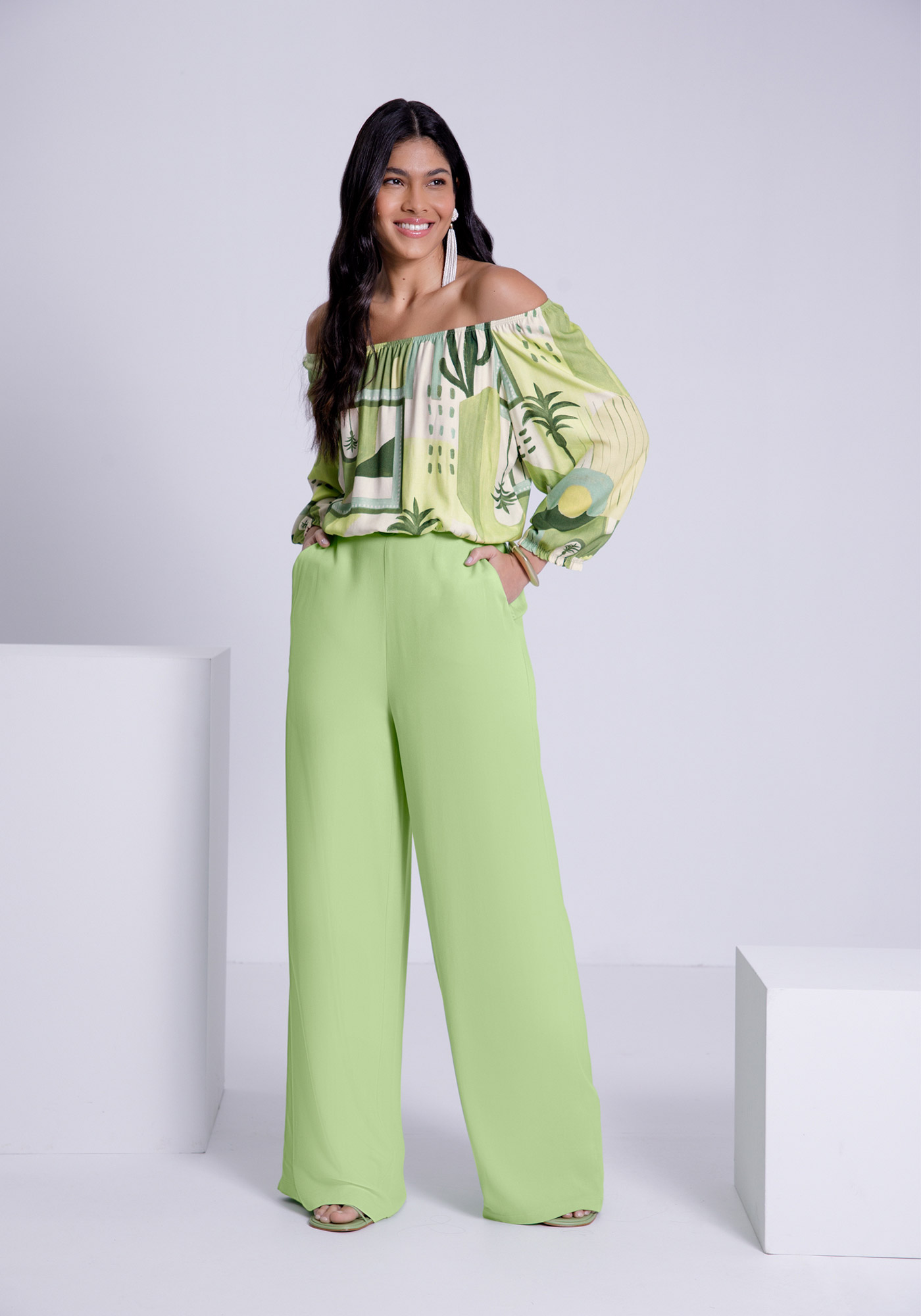 Calça Wide Leg em Viscose com Detalhe Cós | Lunender Calça Wide Leg em Viscose com Detalhe Cós | Lunender